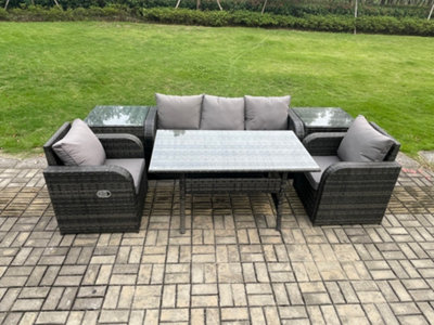 B&Q -  Wicker Pe Rattan Garden Furniture Set Outdoor Rectangular Dining Table And Chair Sofa Set With 2 Pc Side Table