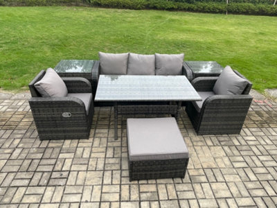 Fimous Wicker Pe Rattan Garden Furniture Set Outdoor Rectangular Dining Table And Chair Sofa Set With Side Tables Big Footstool from B&Q