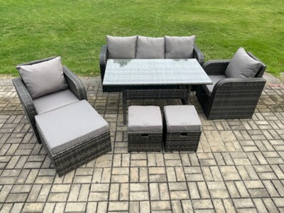 Fimous 8 Seater Rattan Outdoor Garden Furniture Set Rectangular Dining Table And Chair Sofa Set With 3 Footstools