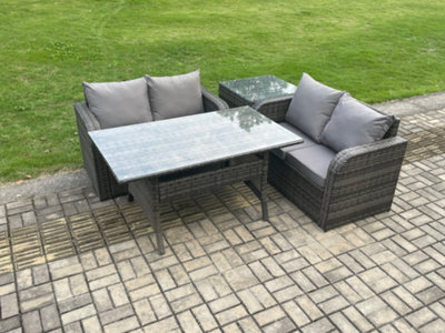Fimous 4 Seater Rattan Outdoor Garden Furniture Set Rectangular Dining Table And Loveseat Sofa Set With Side Table