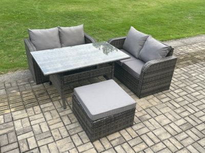 Fimous Garden Patio Furniture Wicker Rattan Oblong Rectangular Dining Table And Loveseat Sofa Set With Big Footstool