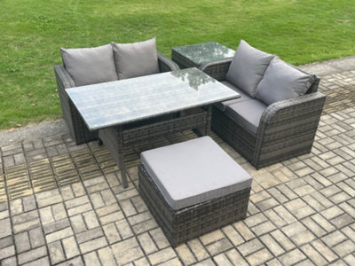 Fimous Garden Patio Furniture Wicker Rattan Oblong Rectangular Dining Table And Loveseat Sofa Set With Side Table Footstool