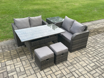 Fimous Garden Patio Furniture Wicker Rattan Oblong Rectangular Dining Table And Loveseat Sofa Set With Side Table
