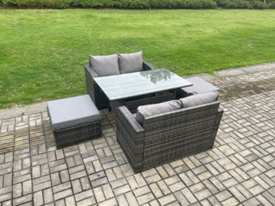 Fimous Garden Patio Furniture Wicker Rattan Oblong Rectangular Dining Table And Loveseat Sofa Set With 2 Big Footstool