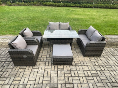 B&Q -  Rattan Outdoor Furniture Garden Dining Set Rectangular Table And Chair Sofa Set With Big Footstool Dark Grey Mixed