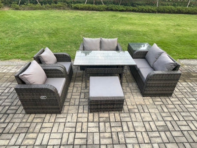 Fimous Rattan Outdoor Furniture Garden Dining Set Rectangular Table And Chair Sofa Set With Side Table Big Footstool