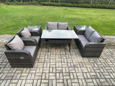 B&Q -  Rattan Outdoor Furniture Garden Dining Set Rectangular Table And Chair Sofa Set With 2 Pc Side Tables Dark Grey Mixed