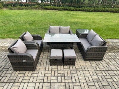 B&Q -  Rattan Outdoor Furniture Garden Dining Set Rectangular Table And Chair Sofa Set With Side Table 2 Small Footstools