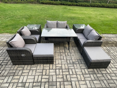 B&Q -  Outdoor Rattan Garden Furniture 9 Piece Grey Patio Furniture Set 8 Seater Lounge Sofa Set With Rectangular Table