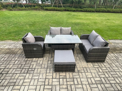Fimous Lounge Rattan Sofa Set Outdoor Garden Furniture Oblong Rectangular Dining Table With Big Footstool Mixed Dark/Grey