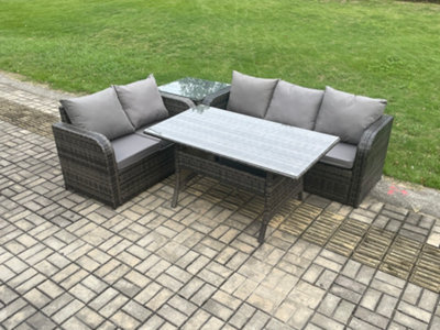 Fimous Outdoor Garden Patio Furniture Wicker Rattan Oblong Rectangular Dining Table And Lounge Sofa Set With Side Table