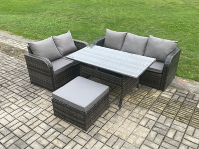 Fimous Outdoor Garden Patio Furniture Wicker Rattan Oblong Rectangular Dining Table And Lounge Sofa Set With Big Footstool from B&Q