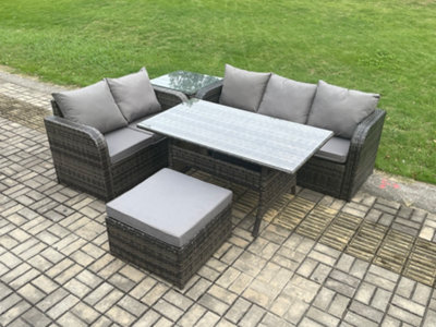 Fimous Outdoor Garden Patio Furniture Wicker Rattan Oblong Dining Table And Lounge Sofa Set With Side Table Big Footstool
