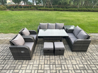 B&Q -  Dark Grey Pe Wicker Rattan Garden Furniture Set Reclining Chair Love Sofa 2 Seater Sofa Set Outdoor Dining Table