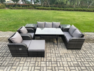 B&Q -  Dark Grey Pe Wicker Rattan Garden Furniture Set Reclining Chair 2 Seater Sofa Set Outdoor Dining Table Big Footstool