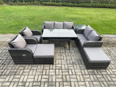 B&Q -  9 Seater Garden Rattan Furniture Dining Table Sofa Set Indoor Outdoor With 2 Reclining Chairs Side Tables 2 Big Footstool