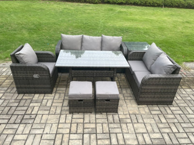 B&Q -  8 Seater Garden Rattan Furniture Dining Table Sofa Set Indoor Outdoor With Reclining Chairs Side Table 2 Small Footstools