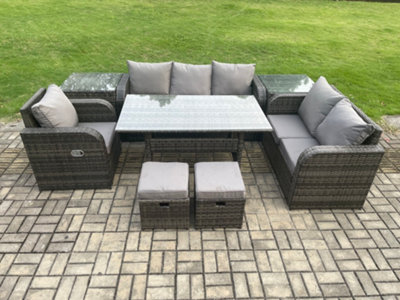 B&Q -  8 Seater Garden Rattan Furniture Dining Table Sofa Set Indoor Outdoor With Reclining Chairs 2 Side Tables 2 Small Footstool