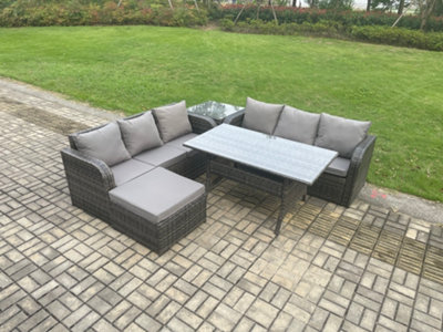 Fimous Rattan Garden Furniture Set With Oblong Rectangular Dining Table Big Footstool Side Table Outdoor Lounge Sofa Set