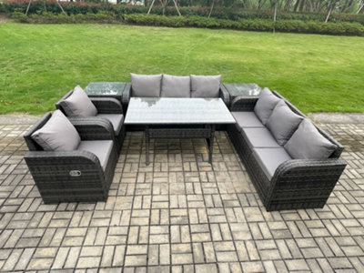 Fimous Outdoor Garden Patio Furniture Wicker Rattan Oblong Rectangular Dining Table And Lounge Sofa Set With 2 Side Table