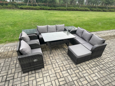 Fimous Outdoor Garden Patio Furniture Wicker Rattan Oblong Rectangular Dining Table And Lounge Sofa Set With 2 Side Table