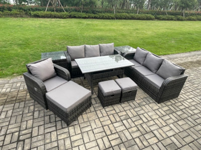 B&Q -  10 Seater Outdoor Rattan Garden Furniture Set Oblong Dining Table And Chairs Set With 3 Seater Sofa 3Pc Footstools
