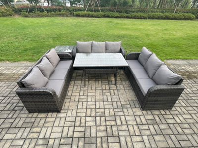 B&Q -  Rattan Garden Furniture Set With Oblong Dining Table Side Table 9 Seater Outdoor Lounge Sofa Set Dark Grey Mixed