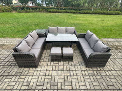 Fimous Patio Rattan Garden Furniture Set With Oblong Dining Table 2 Small Footstools Side Table 11 Seater Outdoor Lounge Sofa Set from B&Q
