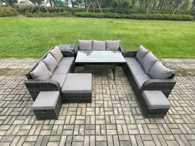 Fimous Rattan Garden Furniture Set With Oblong Dining Table 3 Footstools Side Table 11 Seater Outdoor Lounge Sofa Set