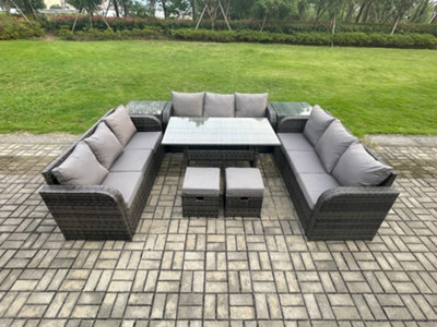 B&Q -  Patio Rattan Garden Furniture Set With Oblong Dining Table 2 Small Footstools 2 Side Table Outdoor Lounge Sofa Set