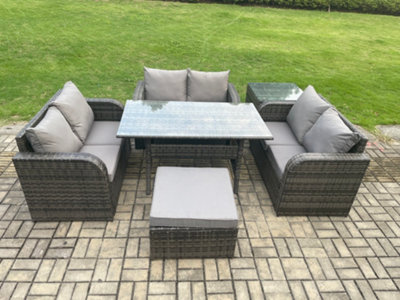 B&Q -  Wicker Pe Rattan Sofa Outdoor Garden Furniture Set With Rectangular Dining Table Big Footstool Side Table Dark Grey Mixed