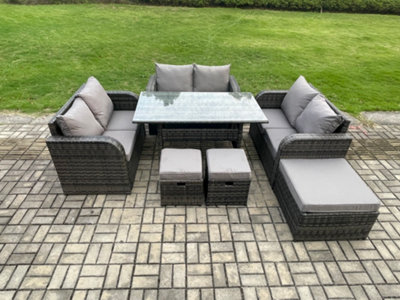 Fimous 9 Seater Outdoor Rattan Garden Furniture Set With Patio Rectangular Dining Table Love Sofa 3 Footstools