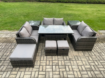B&Q -  9 Pieces Outdoor Rattan Garden Furniture Set With Patio Rectangular Dining Table Love Sofa 2 Side Tables 3 Footstools
