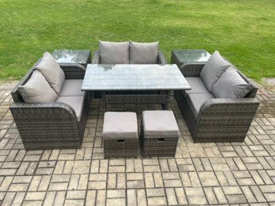 Fimous 8 Seater Outdoor Rattan Garden Furniture Set With Patio Rectangular Dining Table Love Sofa Footstools Small