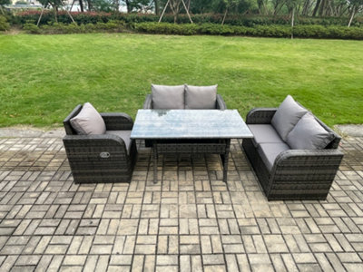 B&Q -  5 Seater Lounge Rattan Sofa Set Outdoor Garden Furniture Rectangular Dining Table With Chairs Dark Grey Mixed