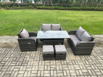 Fimous 7 Seater Lounge Rattan Sofa Set Outdoor Garden Furniture Rectangular Dining Table With Chairs Footstools