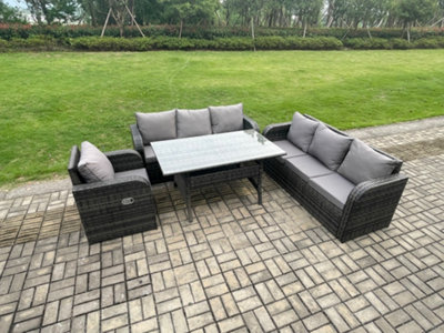 B&Q -  7 Seater Lounge Rattan Sofa Set Outdoor Garden Furniture Rectangular Dining Table With Adjustable Chair