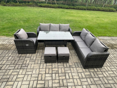 B&Q -  9 Seater Lounge Rattan Sofa Set Outdoor Garden Furniture Rectangular Dining Table With 2 Small Footstools