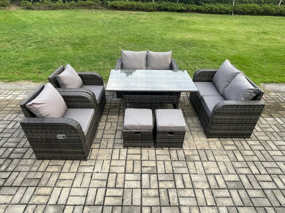 B&Q -  8 Seater Lounge Rattan Sofa Set Outdoor Garden Furniture Rectangular Dining Table With Chairs 2 Small Footstools