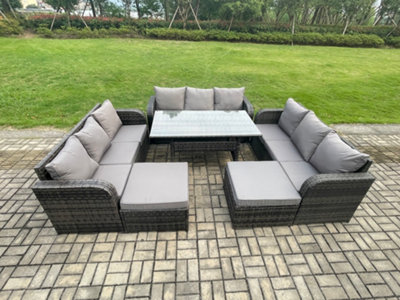 Fimous Patio Rattan Garden Furniture Set With Oblong Dining Table 11 Seater Outdoor Lounge Sofa Set