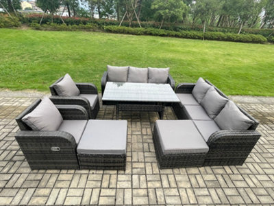 B&Q -  Patio Rattan Garden Furniture Set With Oblong Dining Table 10 Seater Outdoor Lounge Sofa Set