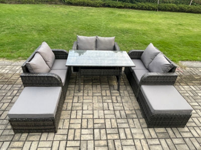 Fimous Patio Rattan Garden Furniture Set With Oblong Dining Table 2 Big Footstool 8 Seater Outdoor Lounge Loveseat Sofa Set from B&Q