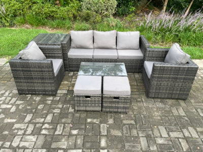 Fimous Rattan Garden Furniture Set With 3 Seater Sofa Coffee Table Side Table 2 Armchairs 2 Footstools Small