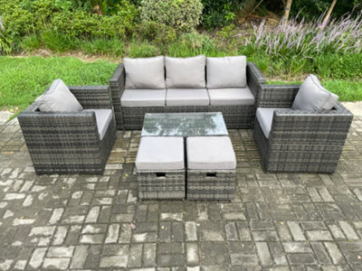 Fimous Outdoor Rattan Garden Furniture Set With 3 Seater Sofa Coffee Table 2 Armchairs 2 Small Footstool