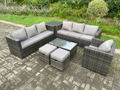 B&Q -  Wicker Pe Rattan Sofa Set Outdoor Patio Garden Furniture With Armchair Oblong Coffee Table Side Table Dark Grey Mixed