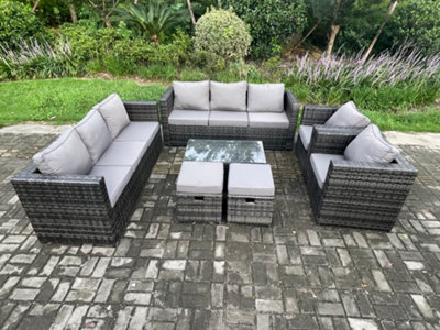 Fimous Wicker Pe Rattan Sofa Set Outdoor Patio Garden Furniture With 2 Armchairs Oblong Coffee Table 2 Small Footstools