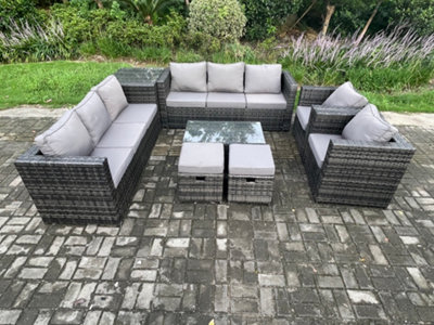 Fimous Outdoor Lounge Sofa Set Wicker Pe Rattan Garden Furniture Set With 2 Armchairs Oblong Coffee Table Side Table