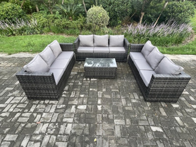 Fimous Outdoor Lounge Sofa Set Wicker Pe Rattan Garden Furniture Set With Oblong Coffee Table Dark Grey Mixed