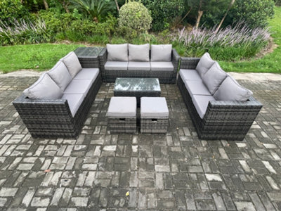 Fimous Outdoor Lounge Sofa Set Wicker Pe Rattan Garden Furniture Set With Oblong Coffee Table Side Table 2 Small Footstools