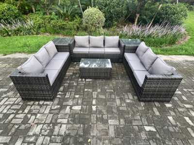 B&Q -  9 Seater Outdoor Lounge Sofa Set Wicker Rattan Garden Furniture Set With Oblong Coffee Table Side Tables Dark Grey Mixed